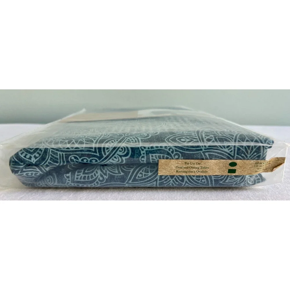 Bee & Willow Etched Chambray Laminated Tablecloth 60x120 Teal Blue Mandala Oval